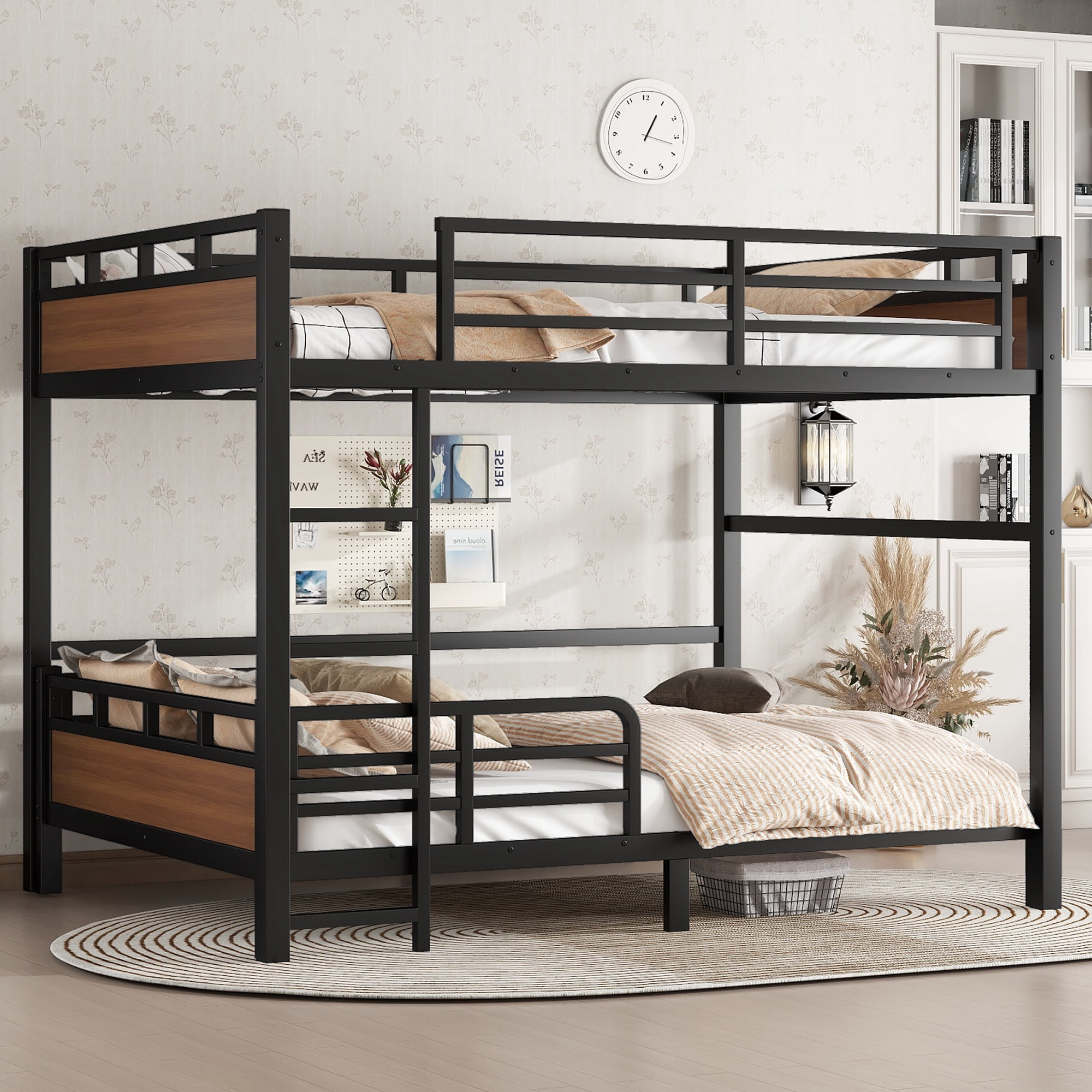 Mintazer Queen Over Queen Metal Bunk Bed, Convertible to 2 Separate Beds, Separable Bunk Bed Frame with Guardrails for Teens Adults, Black & Brown