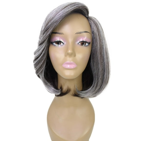 LUXLUXE Kennedy Straight Layer 12 in Long Full Wig Full Cap Wig, Heat Resistant Fibers, Charcoal Mixed Gray