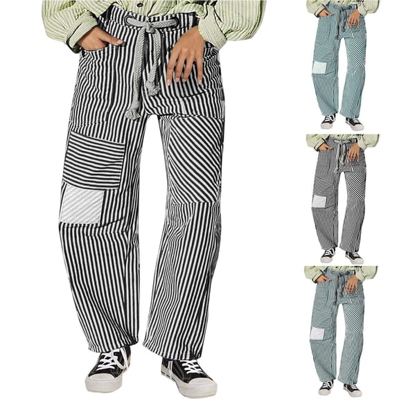 AHTJRT Barrel Jeans for Women Striped Color Drawstrings Y2k Patchwork Slack Pants with Ockets Loose Wide Leg Boyfriend Pants Black L