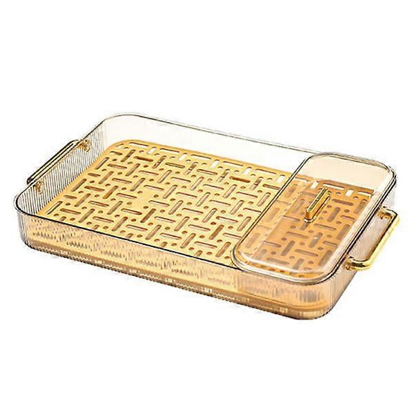 Double-layer Water Draining Tea Tray with 2 Handles Decorative Trendy Water Draining Tea Tray Gold with Storage Box