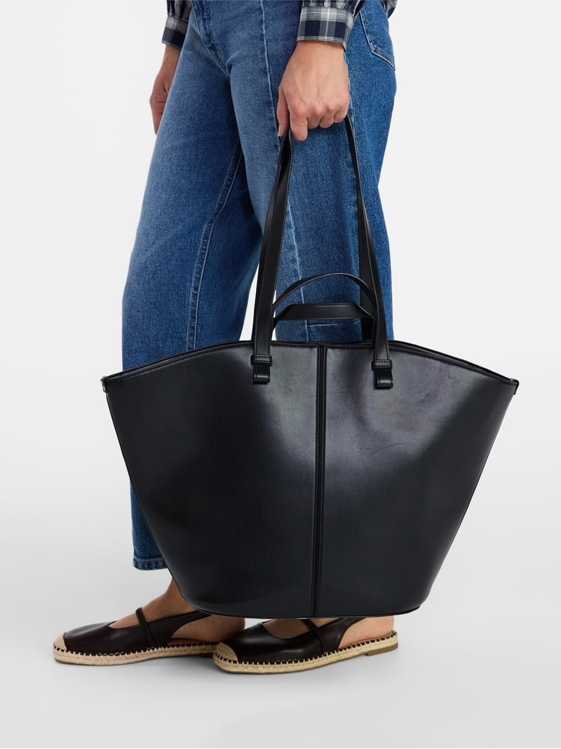 Time and Tru Women's Tulip Tote Handbag, Large, Black, PU