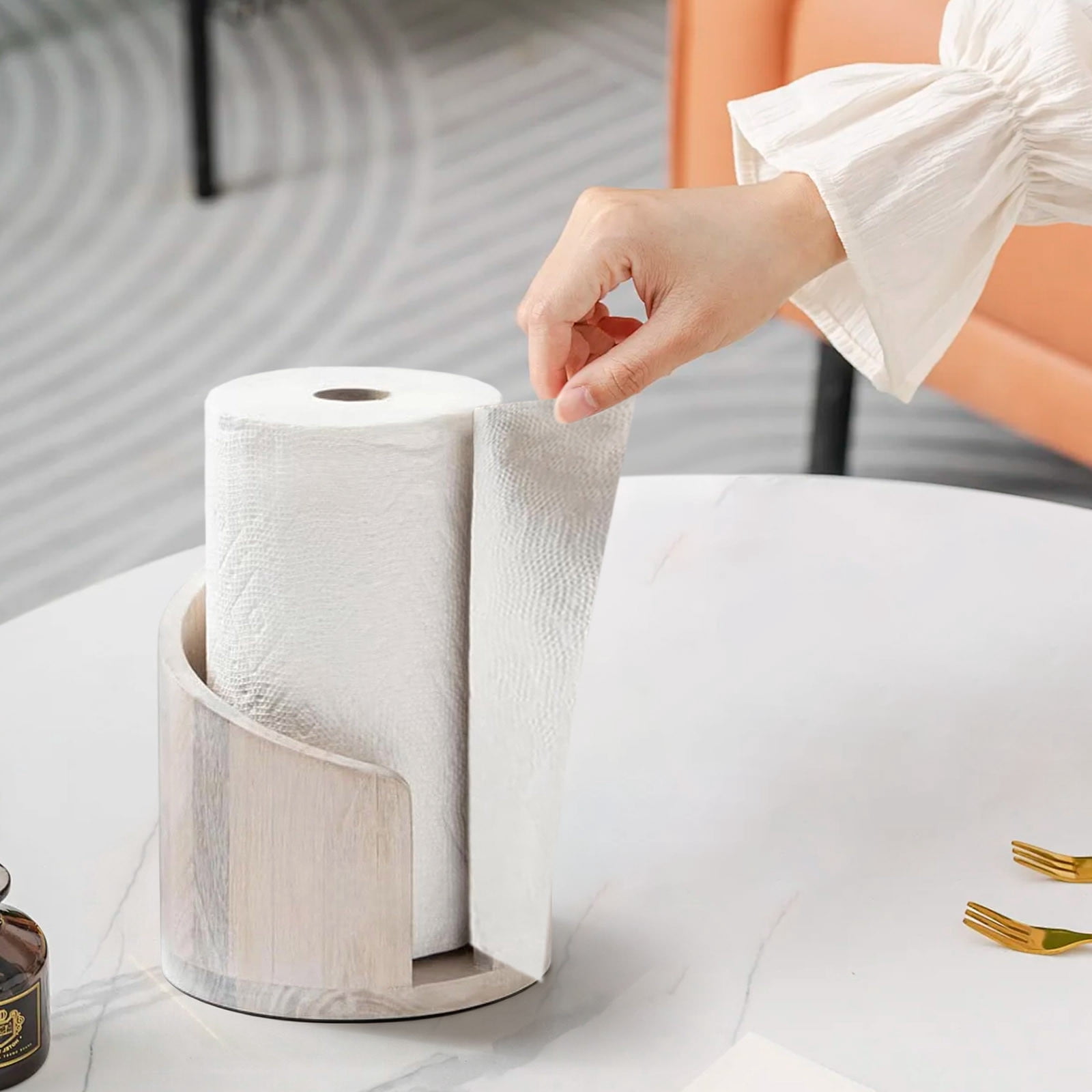 Paper Towel Holder Countertop with Wood Round Base and Iron Holder,Wood and Metal Paper Towel Holders Countertop,Spiral Design Decorative Storage Box for Bathroom