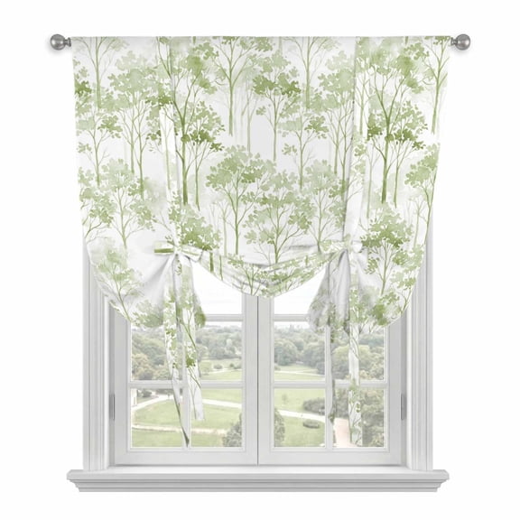 Watercolor Forest Sage Green Balloon Curtains for Bedroom/Front Door/Bathroom, Abstract Art Modern Trees Tie Up Curtains 63 Inch Length Light Filtering Kitchen Curtains Shades for Windows 46"x63"