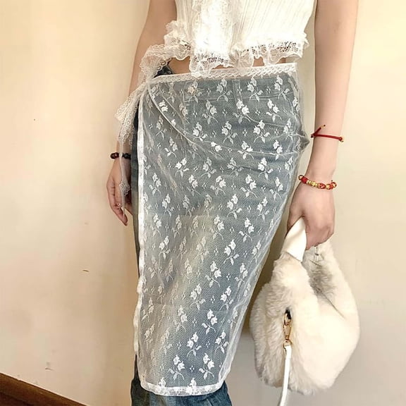 Women Floral Embroidered Tie Waist A Line Skirt Casual Summer Outfit with Belt DailyWhiteOne Size