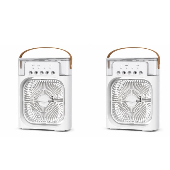Set de 2 Mini Ventiladores de Aire Acondicionado Portátiles USB 4 en 1 con Humidificador, Enfriador Evaporativo, Luz LED, Tanque de 600 ml y 3 Velocidades para Hogar y Oficina