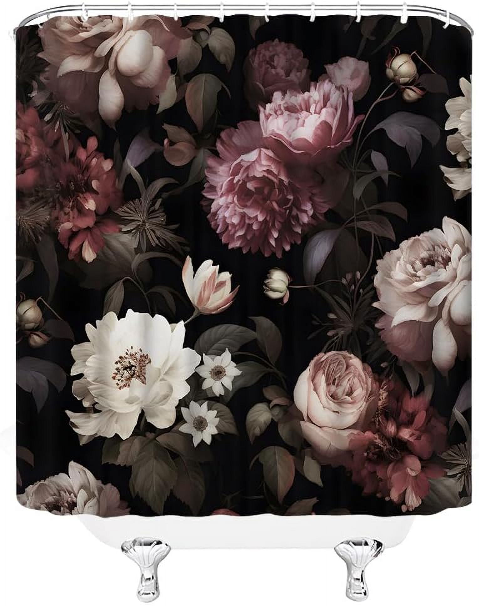 Black Floral Shower Curtain Retro Flower Blossom Rustic Watercolor Botanical Rose Peony Vintage Flowers Spring Plant Leaves Boho Gothic Fabric Bathroom Decor Set with Hooks(84" Wx70 H)