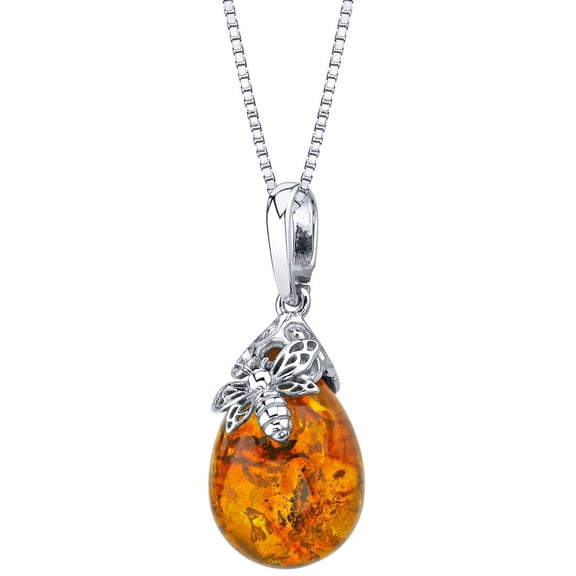 PEORA Genuine Baltic Amber Bumble Bee Pendant Necklace for Women 925 Sterling Silver, Teardrop Shape, Rich Cognac Color, with 18 inch Chain