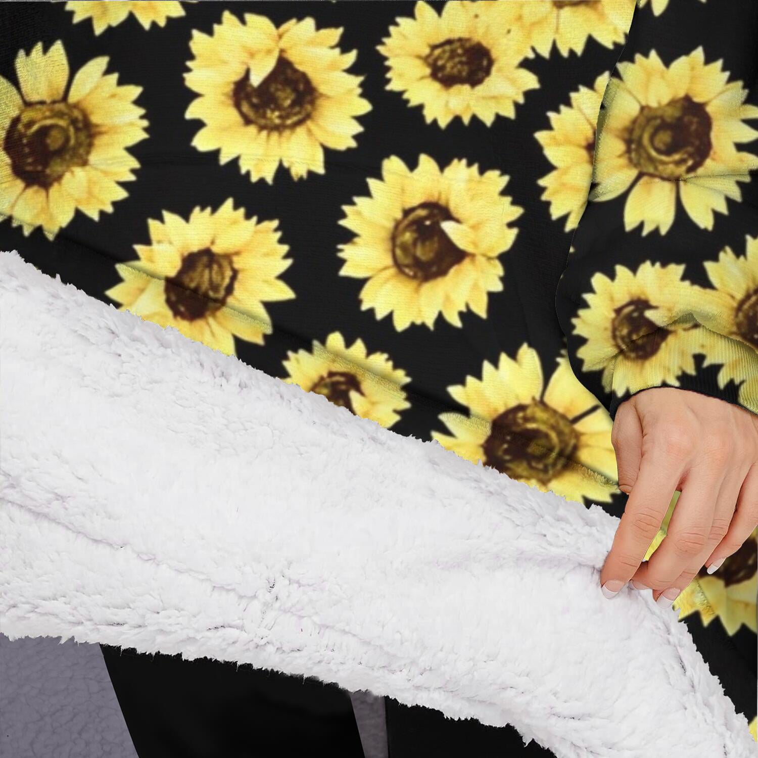 Oversized Wearable Blanket Hoodie,Black Sunflower Pattern Sherpa Blanket Hoodie with Super Pockets,Super Warm Fuzzy Pullover for Women & Men