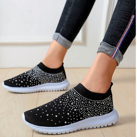 

Women s Faux Rhinestone Decor Flat Sneakers Breathable Slip On Socks Shoes Women s Footwear