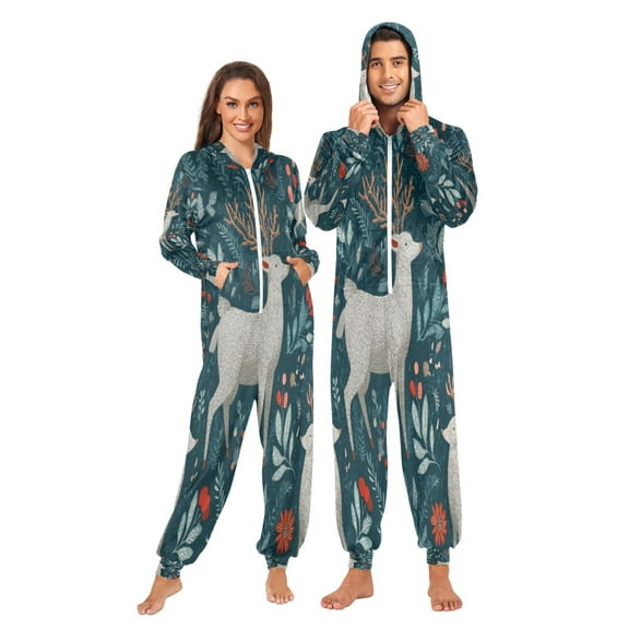 1-Pack Onesie Jumpsuits For Men&Women Winter One Piece Zipper Pajamas Playsuit Deer Standing in The Plants