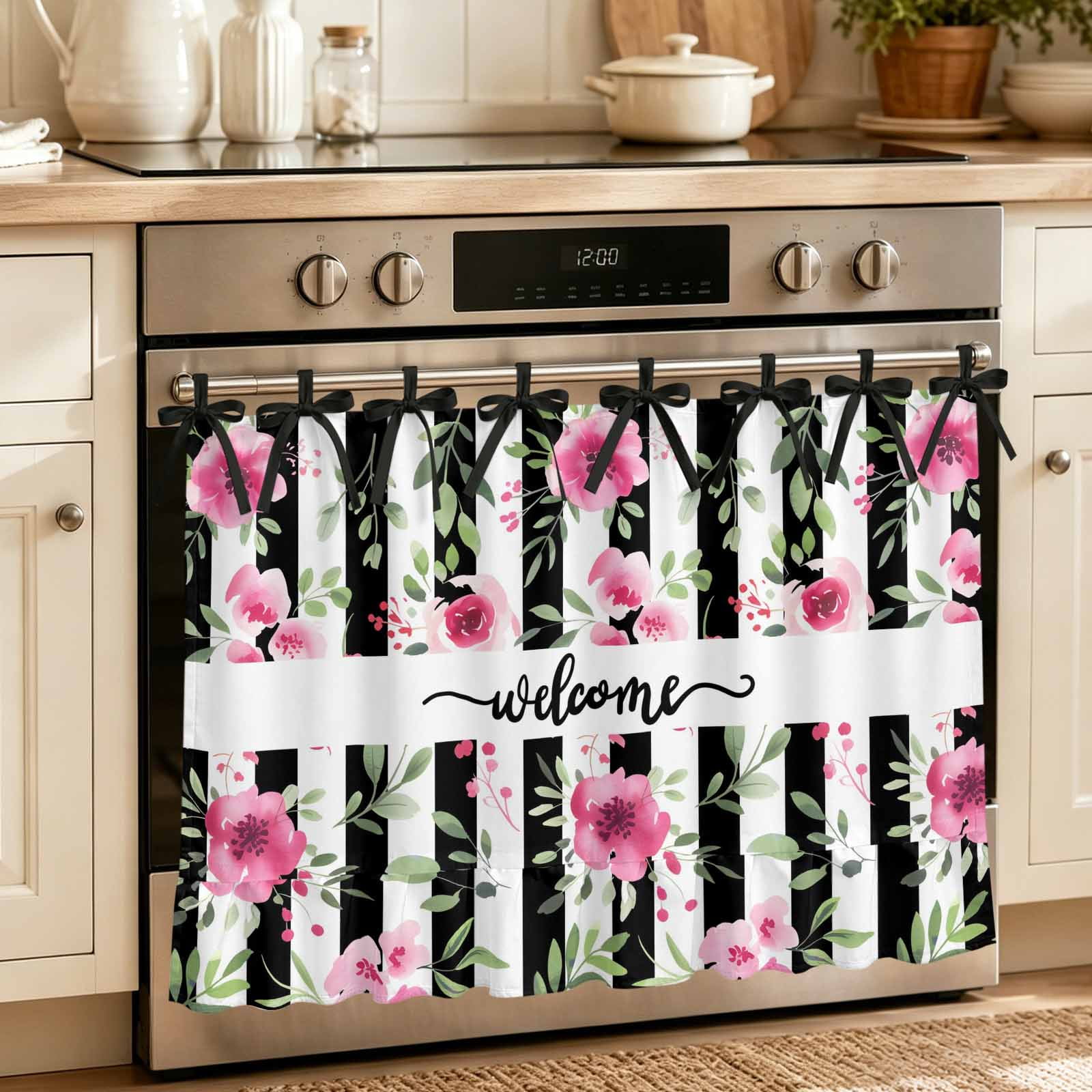 Oven Curtain for Kitchen Welcome Words Pink Flowers Stove Curtain With Ruffled Trim Dishwasher Curtains Country Black Line Oven Skirt 32 x24