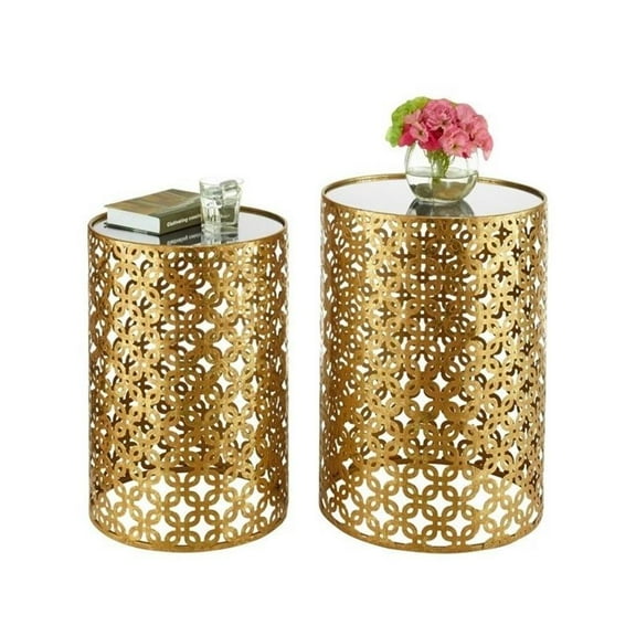 Riverbay Furniture 2 Piece Mirrored Top Nesting Table Set in Gold