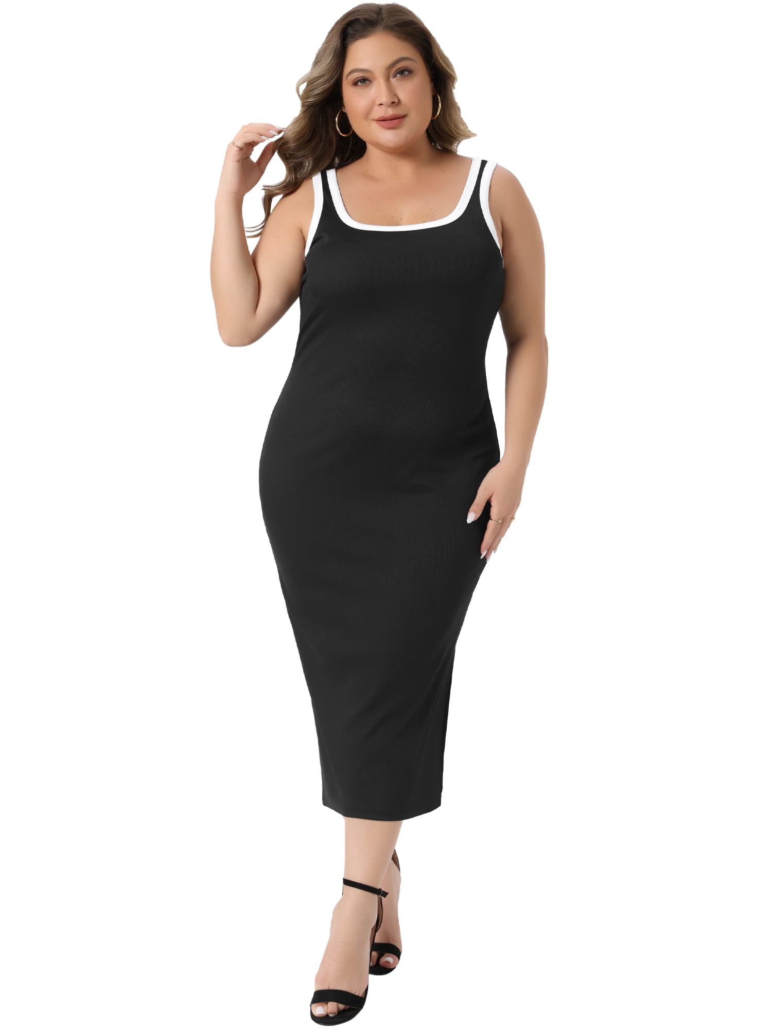 DARING DIVA Women's Plus Square Neck Sleeveless Bodycon Dress with Side Slit 1X Black
