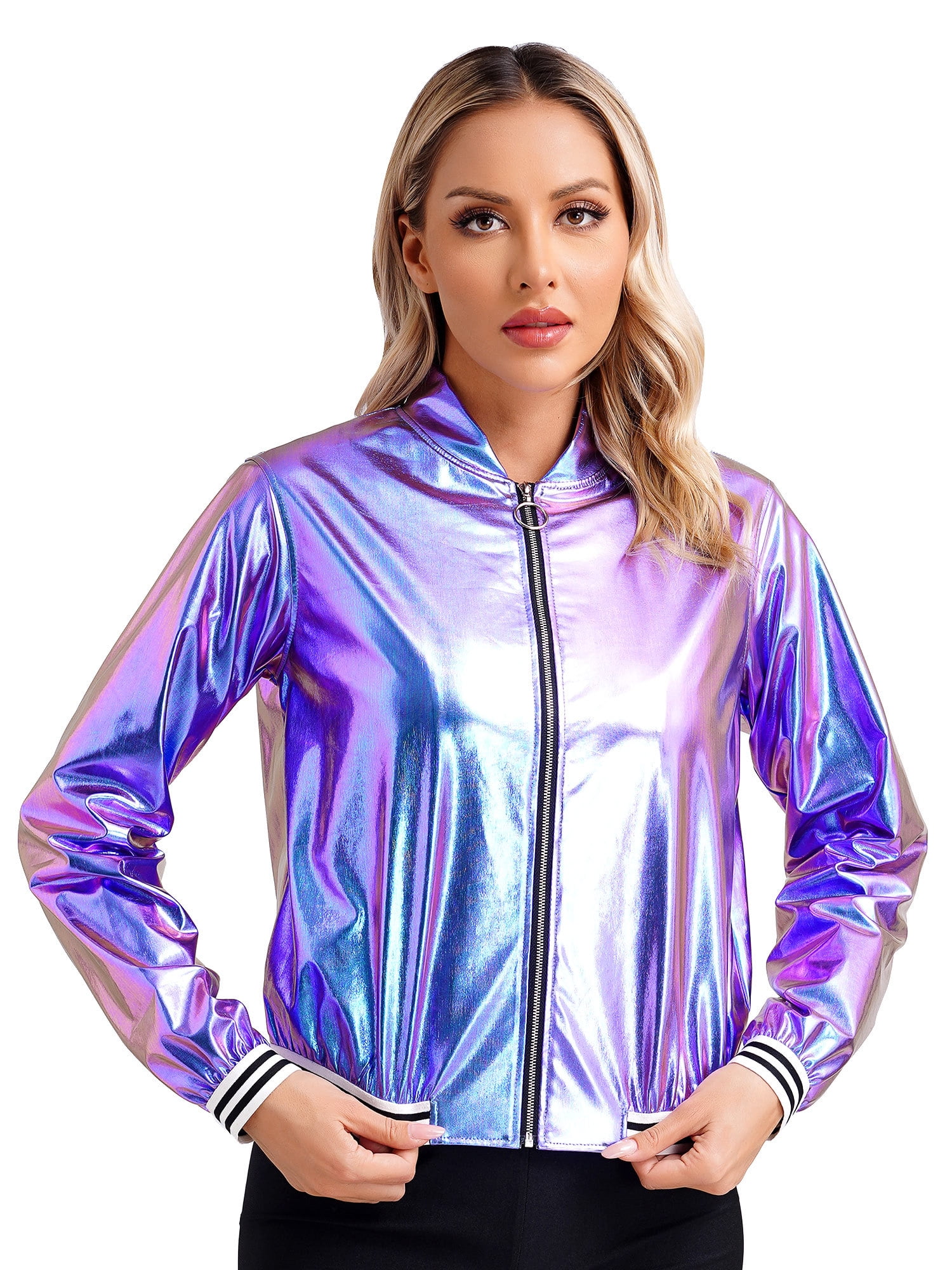 CHICTRY Womens Shiny Metallic Bomber Jacket Holographic Long Sleeve Zipper Front Coat Blue XXL