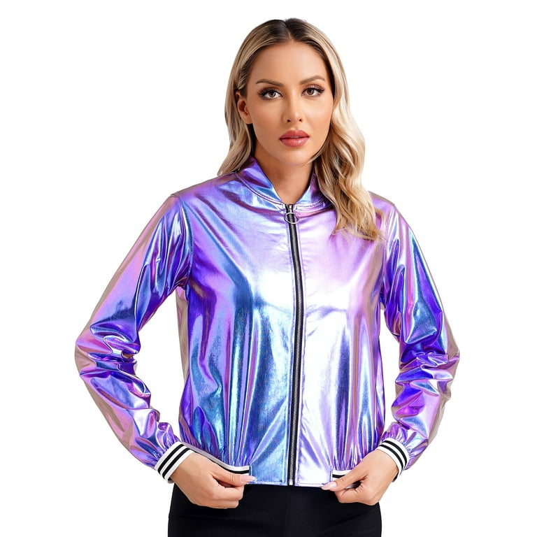 CHICTRY Womens Shiny Metallic Bomber Jacket Holographic Long Sleeve Zipper Front Coat Blue L