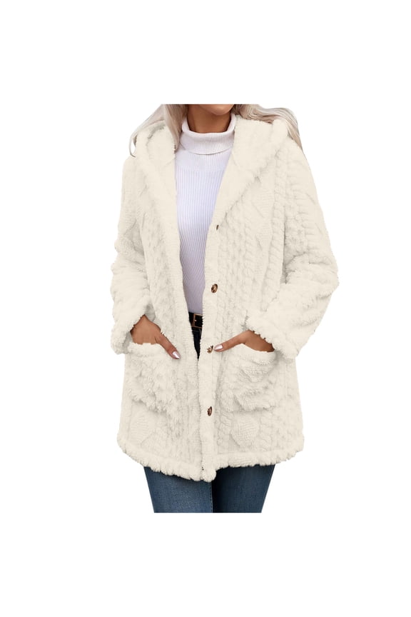 Winter Coats for Women Fleece Jacket Warm Sherpa Hooded Outerwear Button Front Long Sleeve Casual Jacket with Pocket