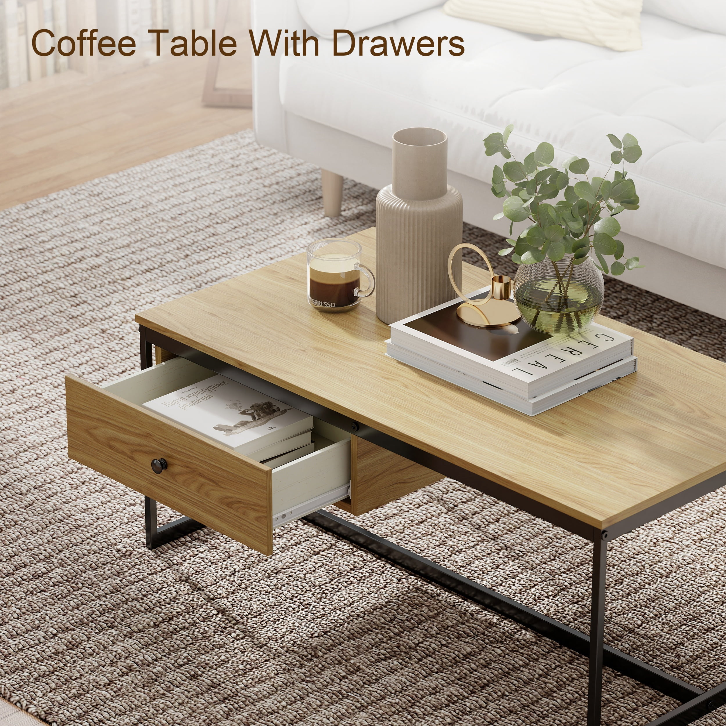 Manxile Industrial Rectangle Wood Coffee Table Metal Cocktail Table with Drawer, Natural