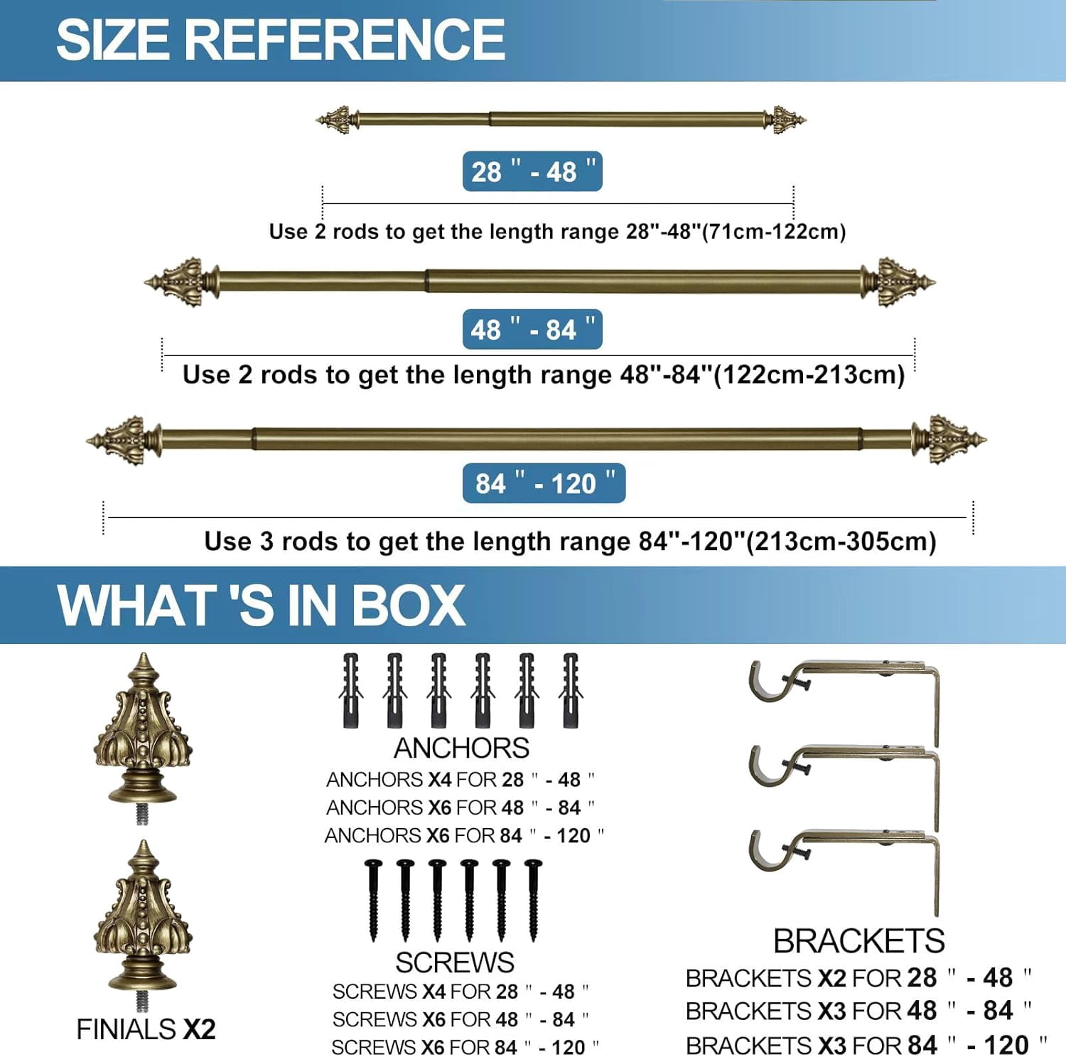 Urbanest Adjustable Single Curtain Rod Set Regale Finials – 1 - Inch Diameter, With Renaissance Gold Rod, 84–120 Inches