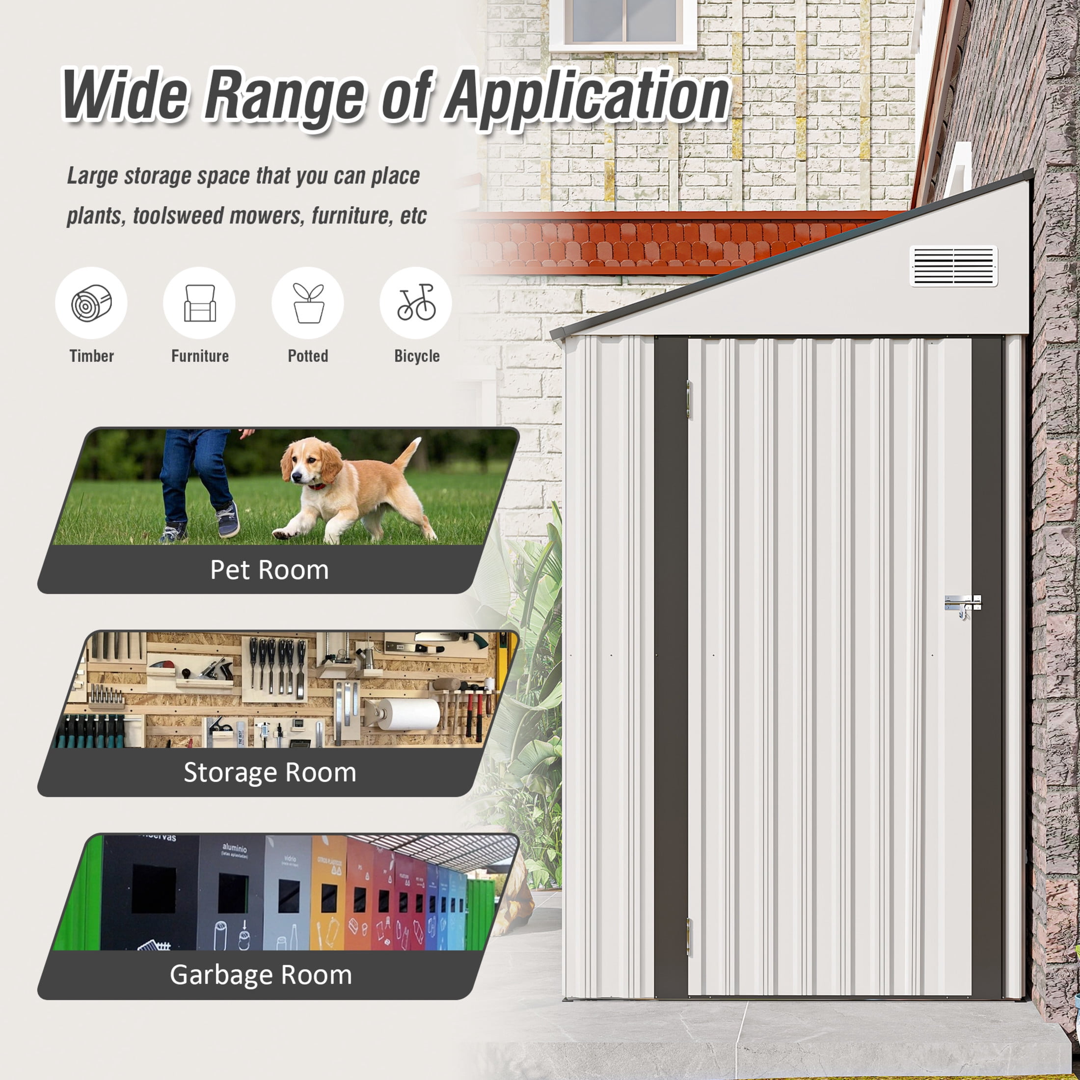 Noble House 4 x 8 FT Outdoor Storage Shed with Sloping Roof and Single Hinge Side Door, Customizable Layout, White