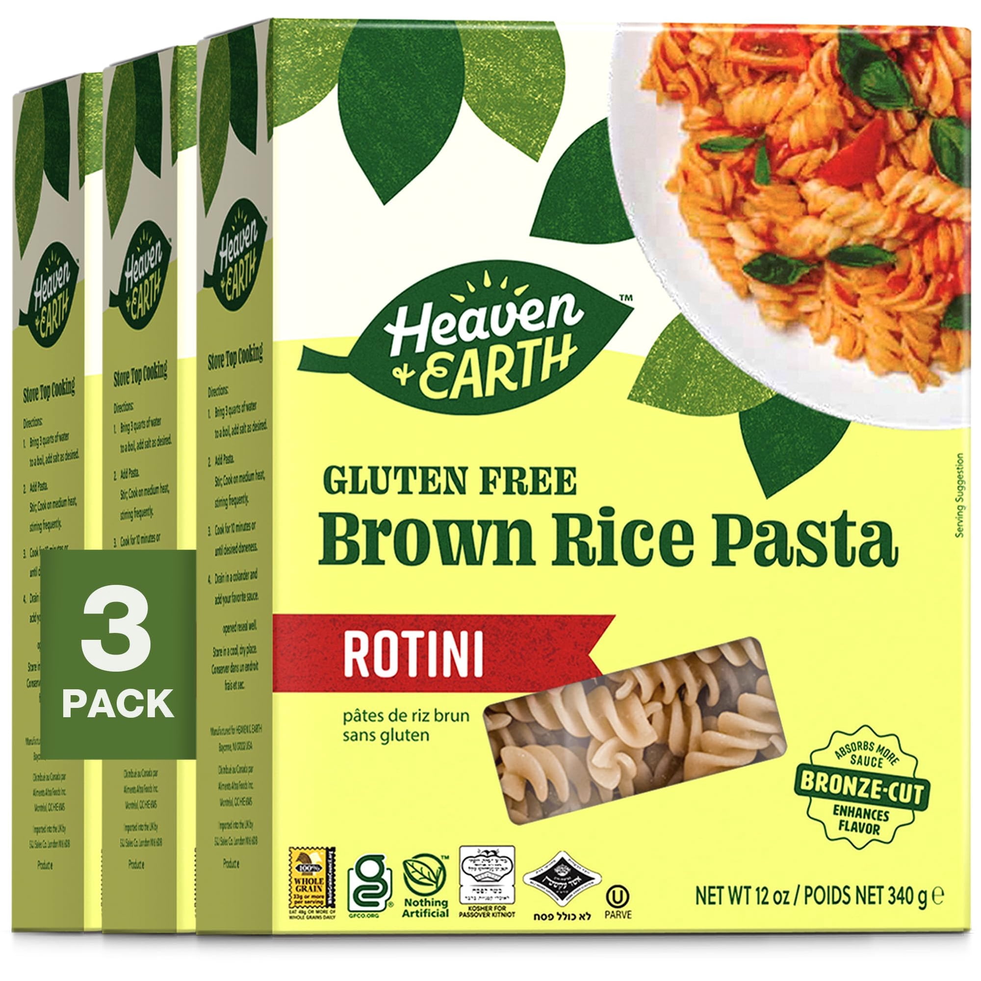 Heaven & Earth Brown Rice Pasta Gluten-Free Rotini 12oz (3 Pack) | Whole Grain Gluten-Free Pasta