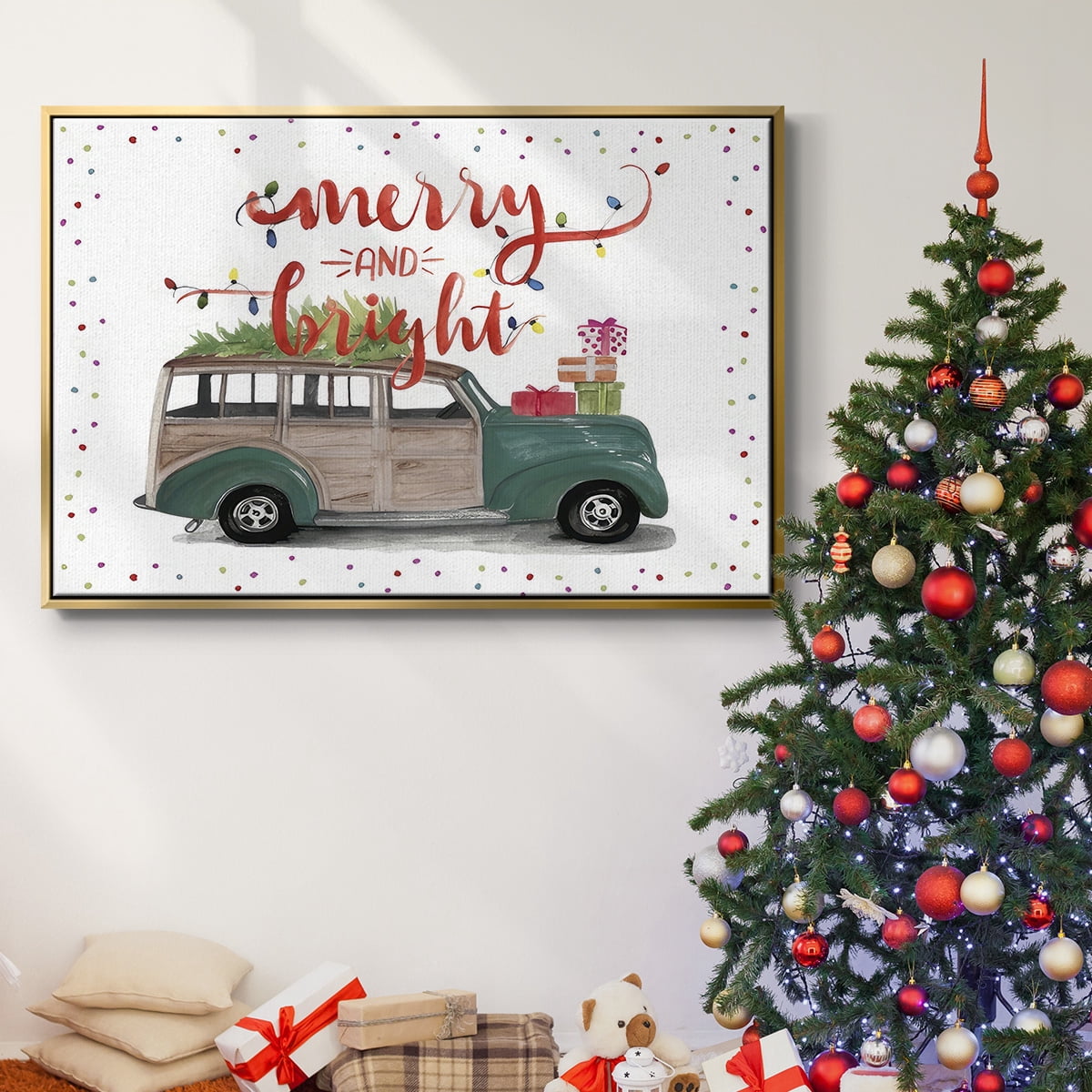 Christmas Cars Collection A - Framed Gallery Wrapped Holiday Canvas - 25 x 37 - Gold Frame