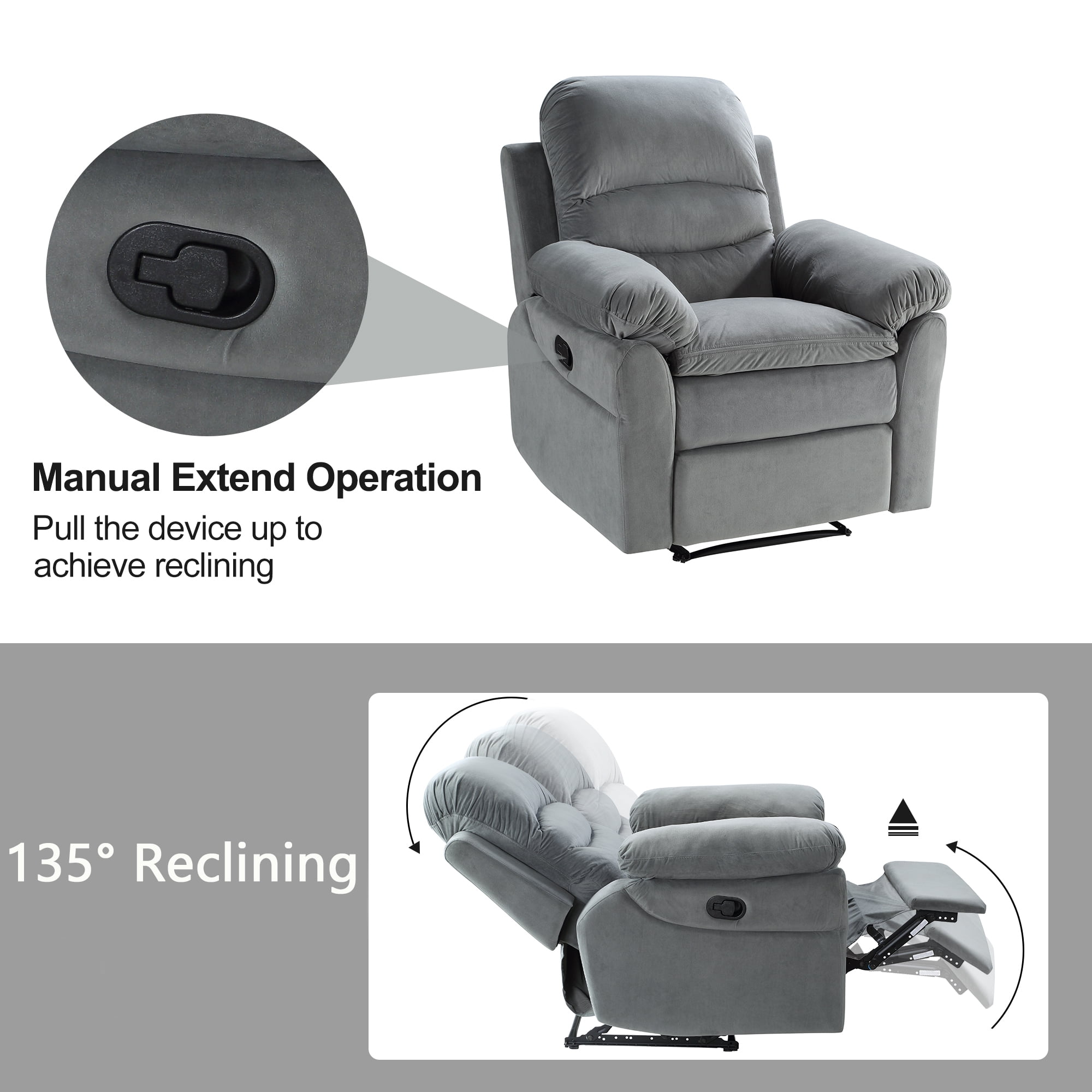 Kepooman Microfiber Manual Recliner Chair with Padded Seat for Bedroom Living Room, Gray Kepooman Microfiber Manual Recliner Chair with Padded Seat for Bedroom Living Room, Gray
