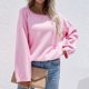 thumbnail image 2 of Suéter de punto con cuello redondo y bolsillo, jersey de color puro, suéter informal de manga larga para mujer, color rosa L, 2 of 6