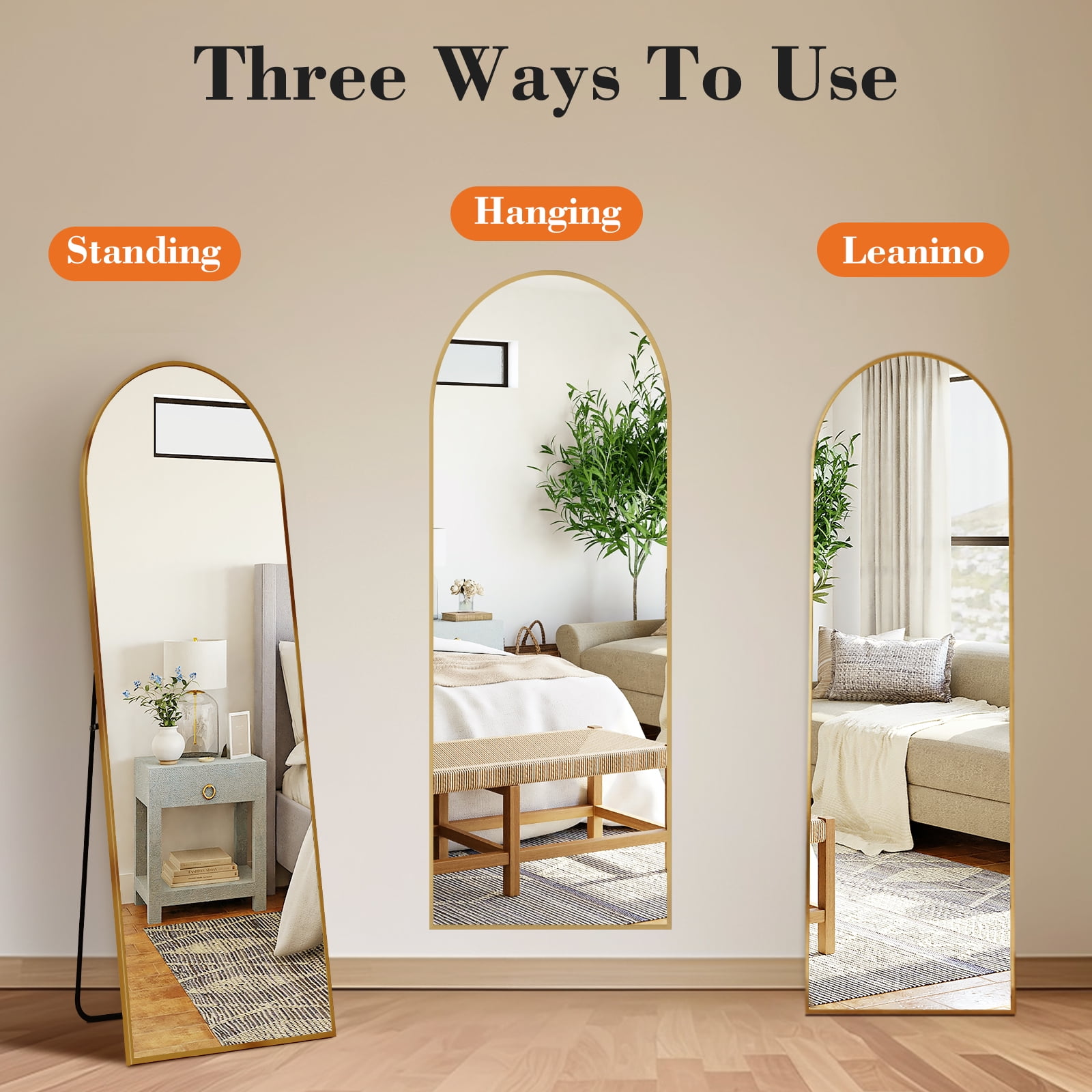Gianna 58"x19" Arched Full-Length Mirror with Aluminum Alloy Frame, Standing Design for Bedroom, Gold