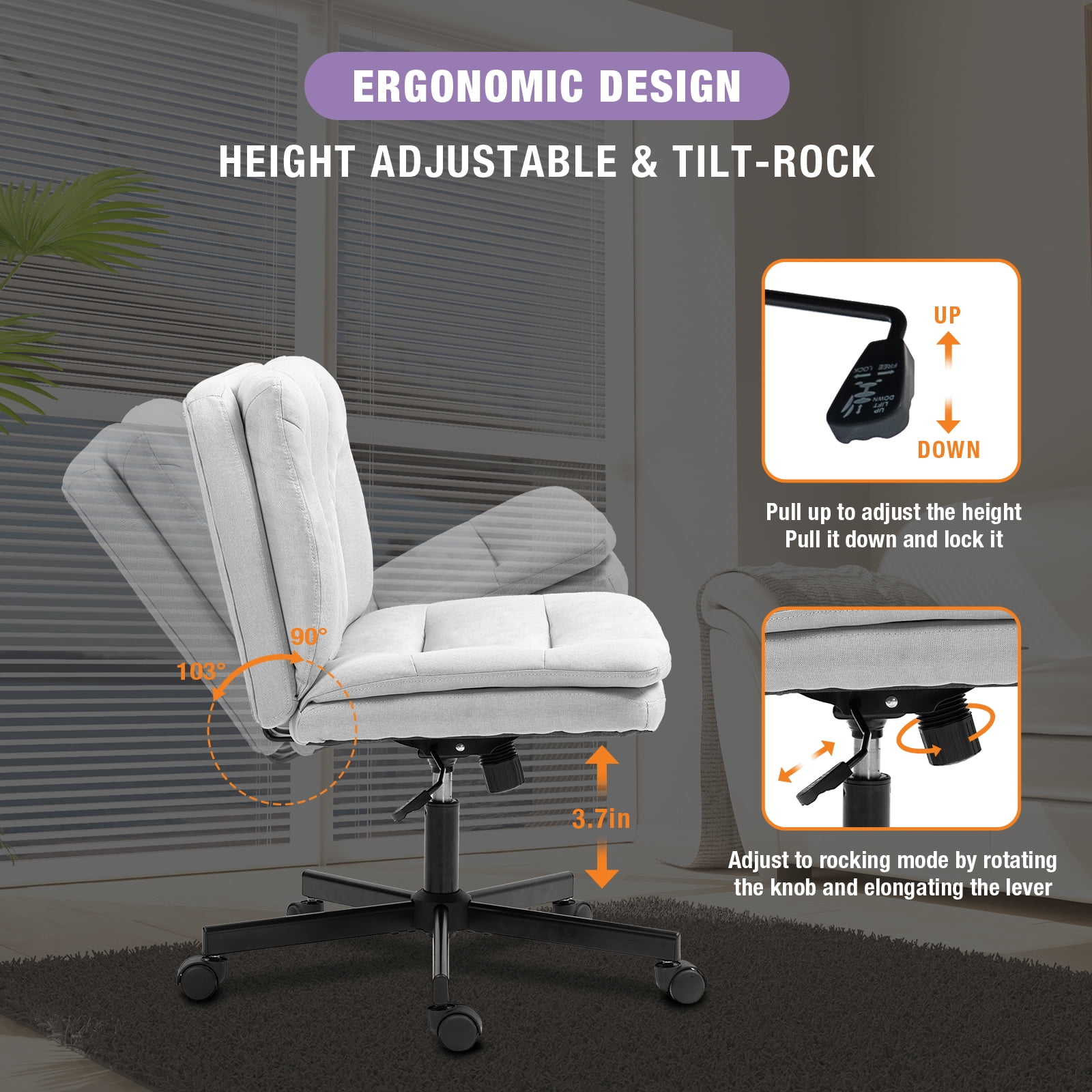 Criss Cross Legged Chair Ergonomic Home Office Desk Chair with Casters, Armless Wide Comfy Computer Task Seat Swivel Rolling Vanity Chair with Height Adjustable and Rocking Function, Beige