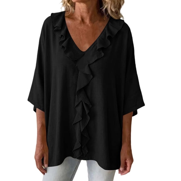 Zivyakyron V Neck Womens Blouses Fall 3/4 Sleeve Cotton Linen Ruffle Loose Solid Casual Comfortable Women Top Black 2XL