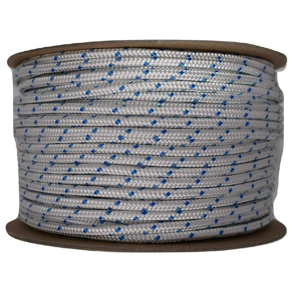 Polyester Rope 1/4 Inch x 300 ft - Braided Marine Rope for Anchor Line, Halyards, Sheets, Control Lines - Low Stretch, Tightly Braided - Made in USA White With Blue Tracers