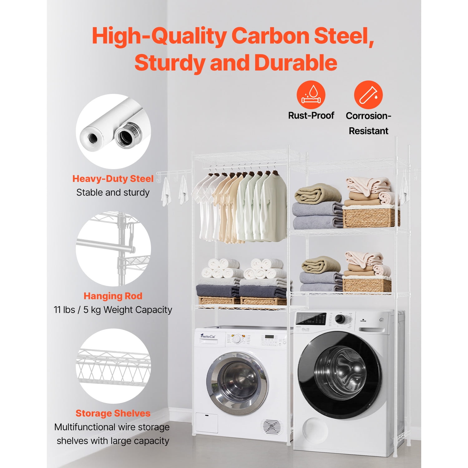 KFFKFF Over Washer and Dryer Storage Racks, 57.9" Clothes Drying Rack with Adjustable Shelves & Hanging Rod, Ideal for Space-Saving Storage and Organization, White
