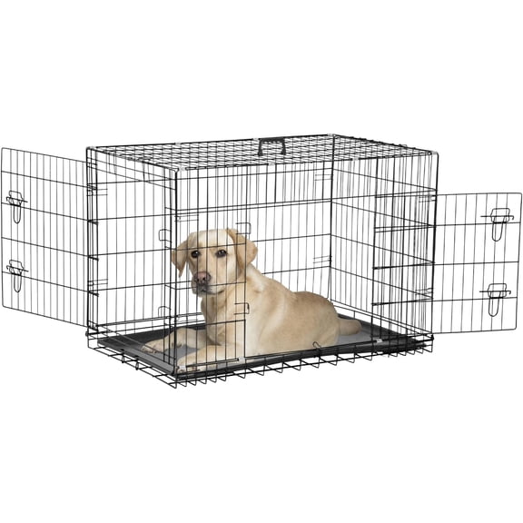 Dog Crate, Wire Kennel with Divider Panel, Metal Cages with Double Door, Leak-Proof Pan Tray, Folding Portable Pet Dog Cage for Indoor Outdoor Travel (Black, 48")