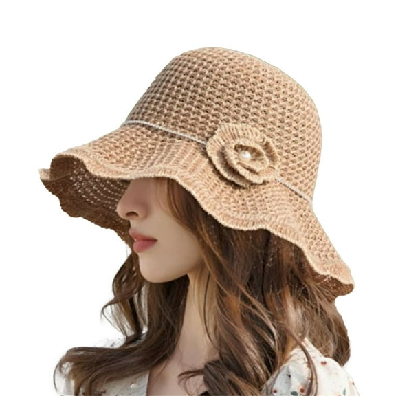 huanledash Hollow Out Breathable Faux Pearl Flower Decor Sun Hat Women Big Wave Brim Floppy Bucket Hat Fashion Accessories