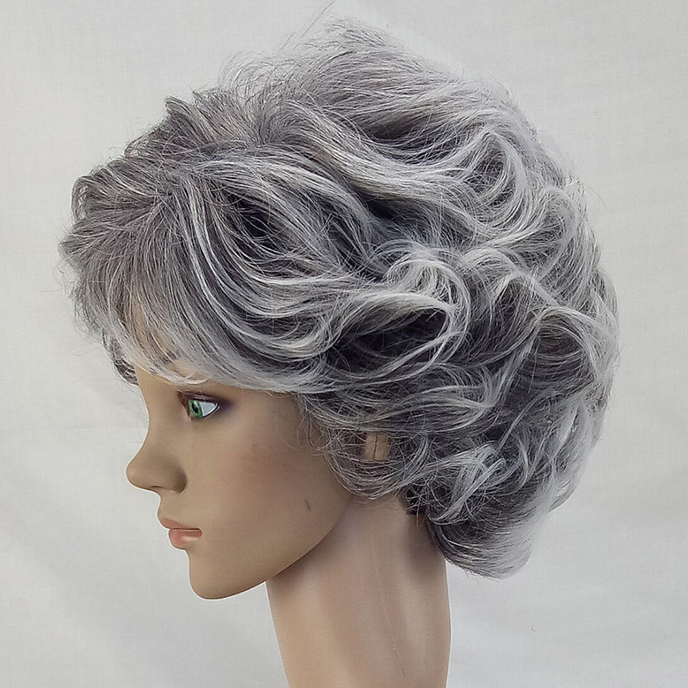 ¡Liquidación 2024! Peluca de cabello humano gris, peluca completa de mujer, rizada, sintética, corta, natural, peluca con banda 3