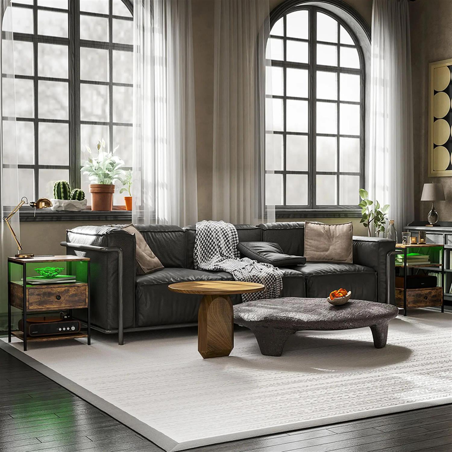 Demi Bonn Nightstand with Charging Station Set of 2, Side Table with Drawers and LED Lights, End Table with Open Shelf for Bedroom, Living Room, Brown