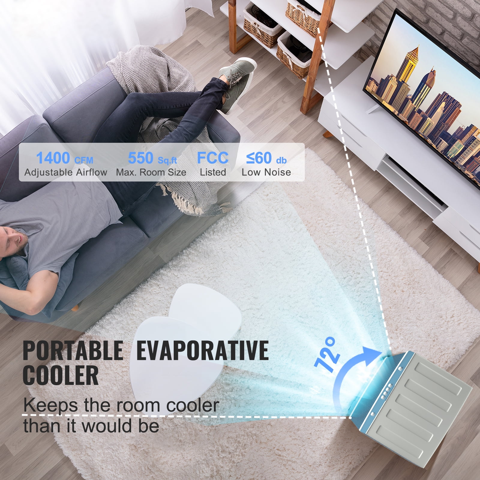 KFFKFF Air Cooling Unit, 1400 CFM Evaporative Cooler, 84° Oscillation, 5 Gal Capacity, Suitable for 550 Sq.ft Area, 3 Speed Control, Indoor and Outdoor Compatible, FCC Certified