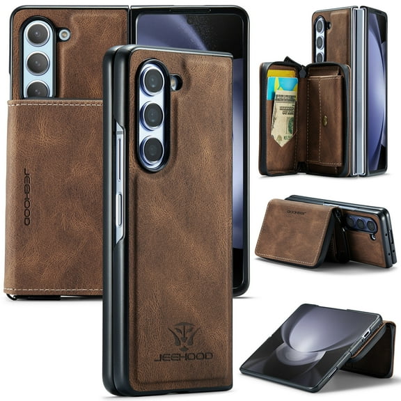 Dteck Detachable Zipper Wallet Case for Samsung Galaxy Z Fold 5,Magnetic Leather Card Pocket Bag Removable 2 in 1 Case Shockproof Rubber Kickstand Back Cover,Brown