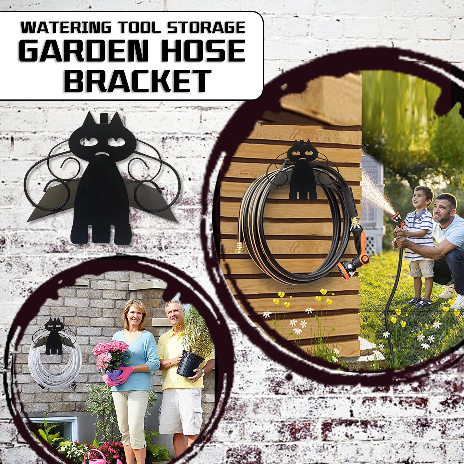 (Clearance) BNNG Black Cats Water Hose Holder, Wall Mount Garden Hose Hanger, Heavy Duty Iron Hose Reel Wall Mounted, Indoor Outdoor Watering Hose Wall Hook, Yard Balcony Water Pipe Storage Rac