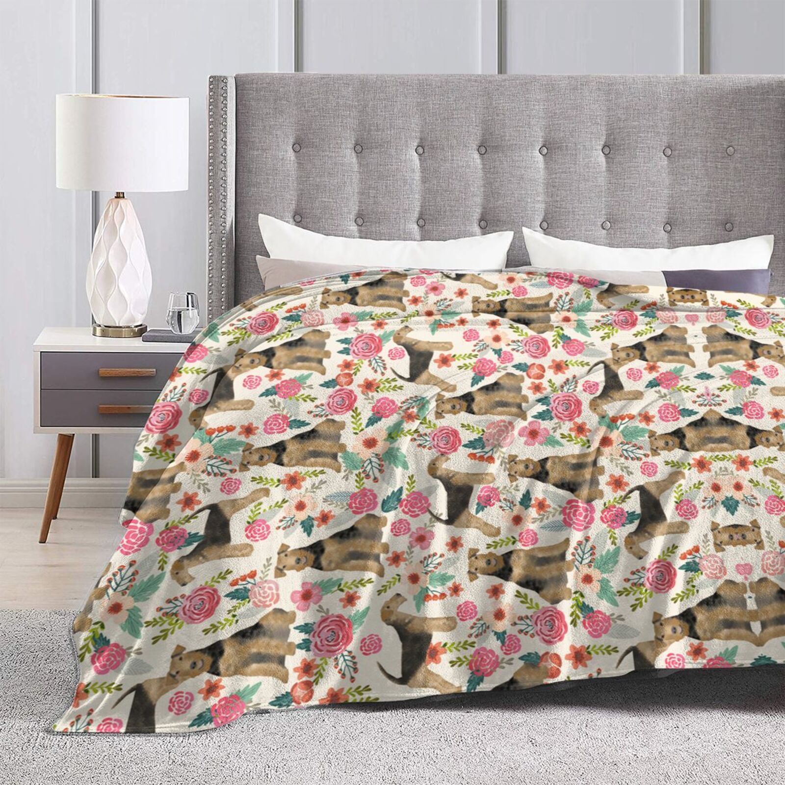 Wijzvio Terrier Dogs Lovers Flower Floral Throw Blanket Soft Fuzzy Fleece Blanket For Couch Bed Living Room Decoration 50"X40"