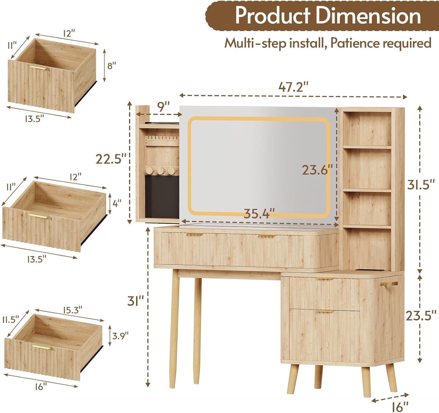 LAZZO 48" Wood Vanity with Glass Top, 3-Color Lights Mirror, Sliding Jewelry Organizer & Charging Station, Oak