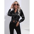 thumbnail image 2 of Blusa de mujer camisas de seda satinada con cuello en V camisa de manga larga holgada elegante, 2 of 6