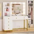 thumbnail image 3 of Makeup Vanity Desk with Mirror and Lights and Charging Station, Vanity Dressing Table with 5 Drawers and Storage Shelves, White, 3 of 8