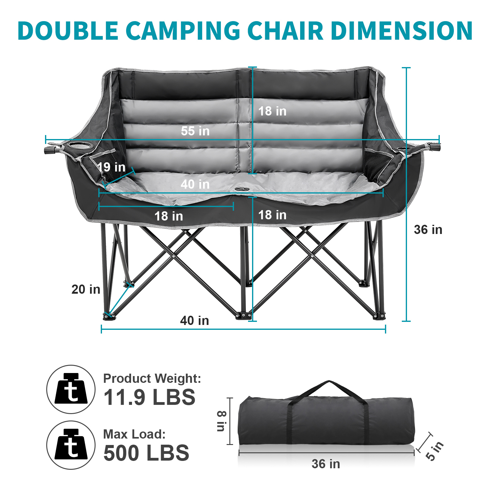 ABORON Oversized Double Camping Chair, Folding 2 Person Camping Chair Loveseat, Fully Padded Duo Chair Camping Couch, Portable Double Camp Chair, Lawn Chairs, Camping Bench with Carrying Bag