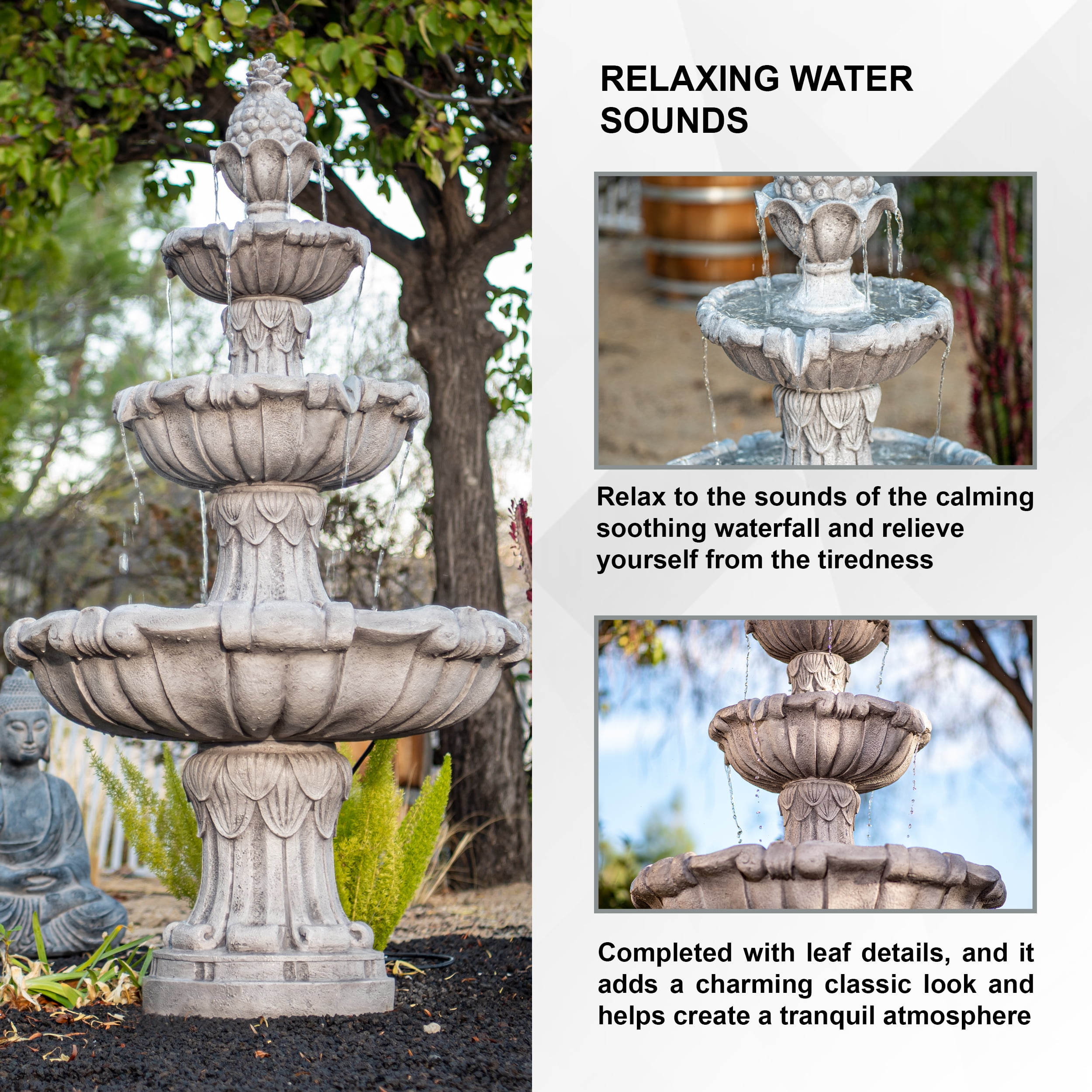 XBrand 58.3" 3-Tier Electric Outdoor Water Fountain – Gray Resin Leaf Design, Large Bird Bath with Pump, Perfect for Yard, Lawn, and Garden Décorand Garden, Porch Décor