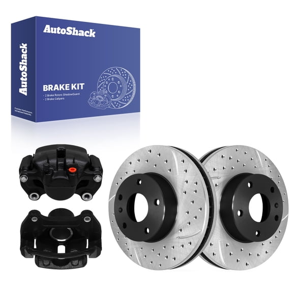 AutoShack Front Vented Drilled & Slotted E-Coated Brake Rotors   Calipers Black 4-PC Brake Kit Replacement for 2010-2017 Chevrolet Equinox 2010-2017 GMC Terrain ShadowGuard 12.64" (321 mm)