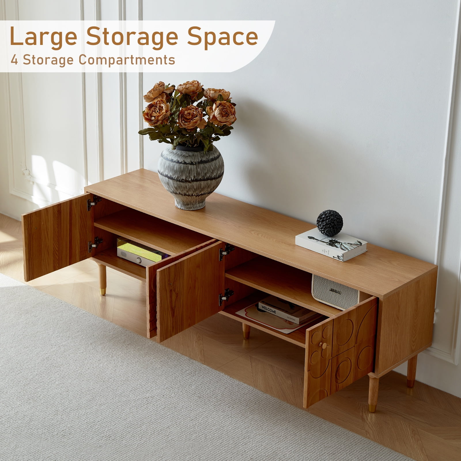 siu want Modern TV Stand for 75 inch TV, 70.9" Retro Media Console with Carved Geometric Doors & 4 Cabinets, Wood Color Entertainment Center​