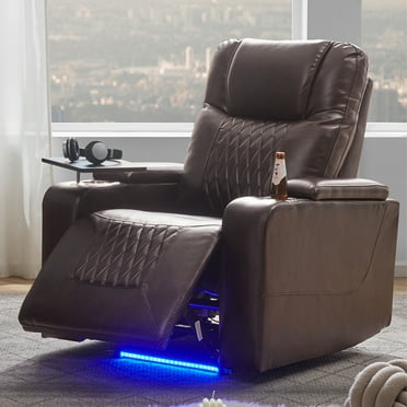 GeeHome Power Motion Recliner with USB Charging Port and Hidden Arm Storage 2 Convenient Cup Holders Design and 360° Swivel Tray Table,Brown (old sku: SG000630AAD)