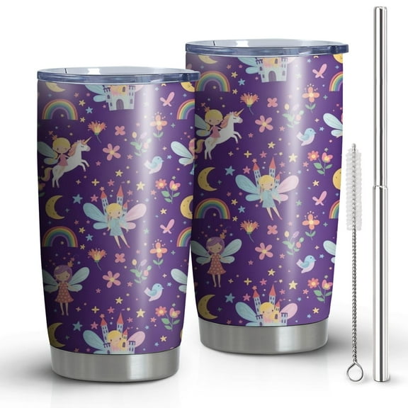 20oz Tumblers Purple Fairy Unicorn Pattern Stainless Steel Vacuum Insulated Double Wall Travel Tumbler Cups Mug with Lid and Straw,Cleaning Brush for Cold & Hot Drinks