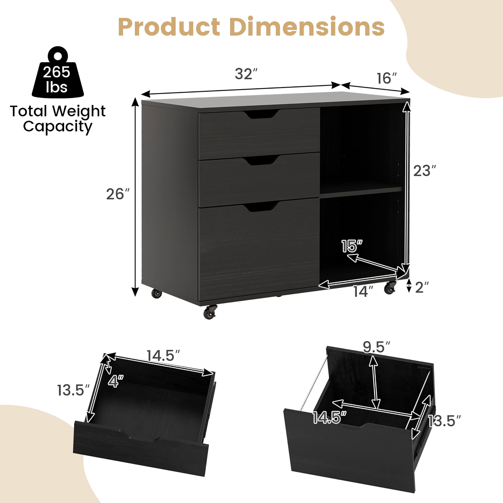 Gymax 3-Drawer Mobile File Cabinet w/ Open Adjustable Storage Shelf for Home Office Black